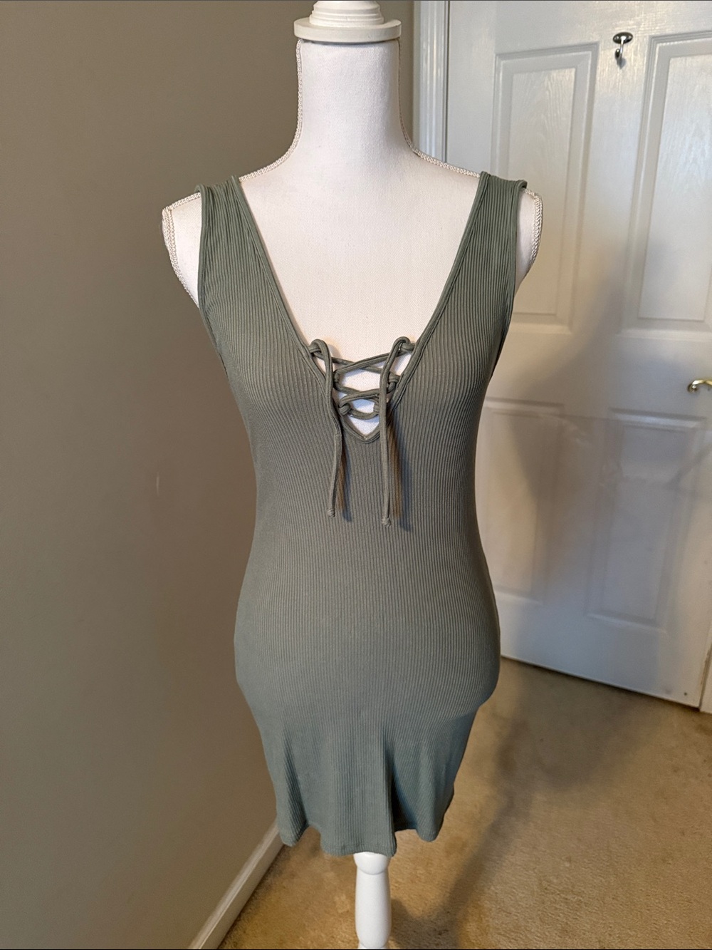 Olive Lace-Up Ribbed Tank Dress